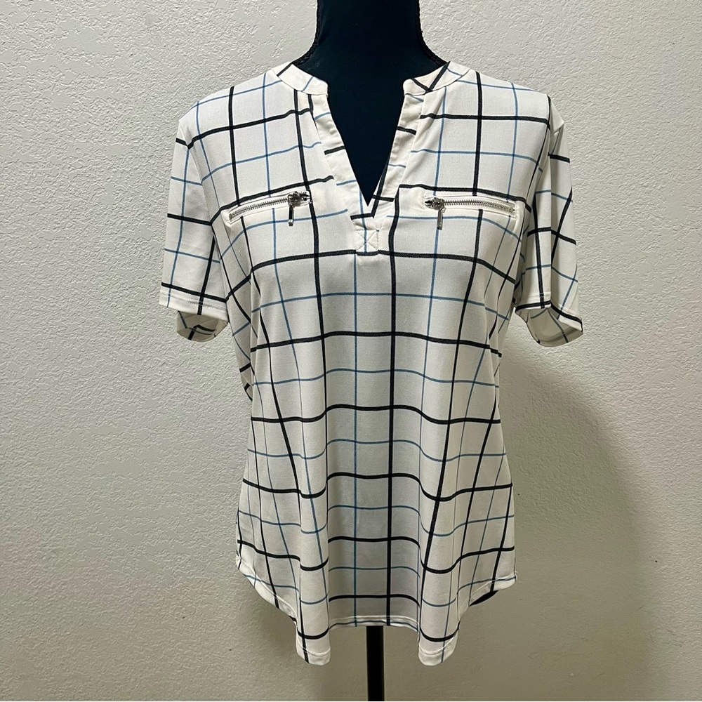 Knapp Studio Chic White and Black Windowpane Short Sleeve Zip Detail Blouse